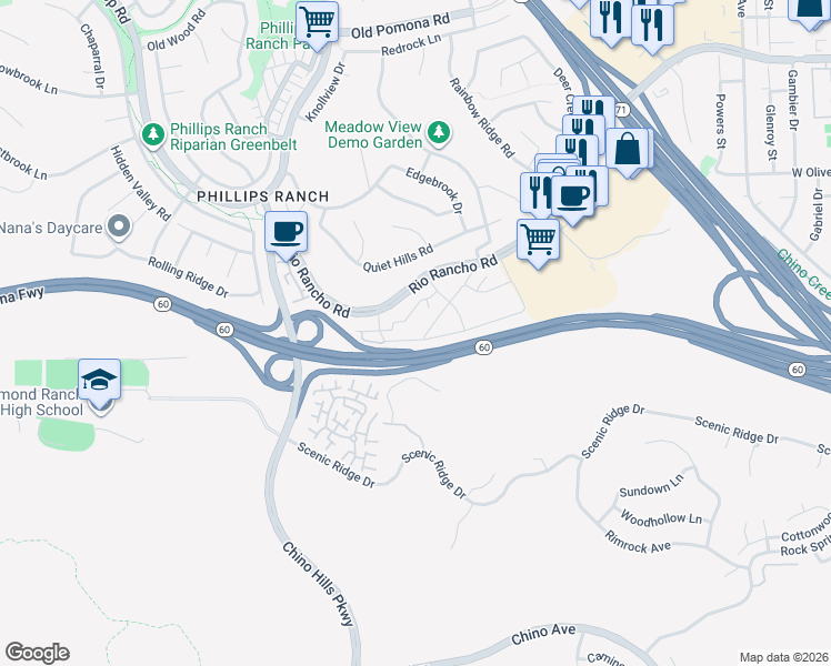 map of restaurants, bars, coffee shops, grocery stores, and more near 61 Brownfield Lane in Pomona