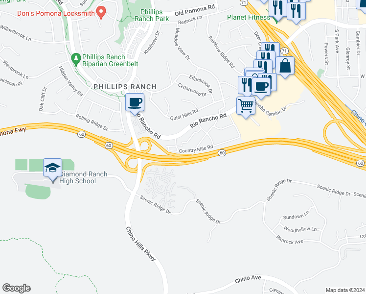 map of restaurants, bars, coffee shops, grocery stores, and more near 61 Brownfield Lane in Pomona
