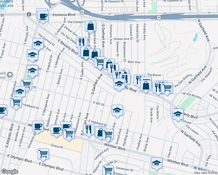 map of restaurants, bars, coffee shops, grocery stores, and more near 3525 West Via Corona Street in Montebello