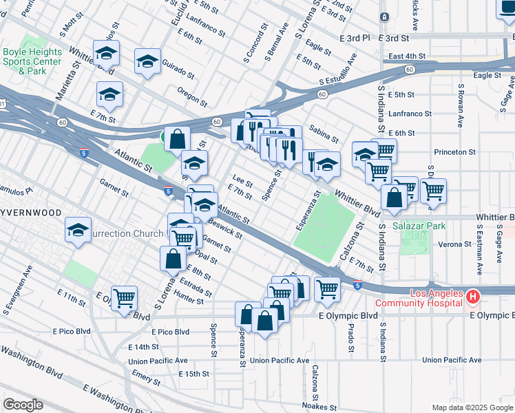 map of restaurants, bars, coffee shops, grocery stores, and more near 3476 East 7th Street in Los Angeles