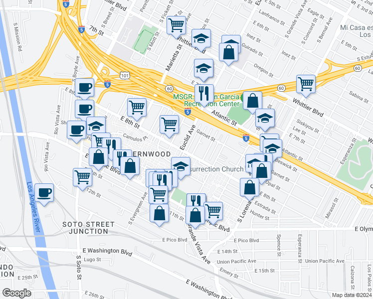 map of restaurants, bars, coffee shops, grocery stores, and more near 1151 South Dacotah Street in Los Angeles