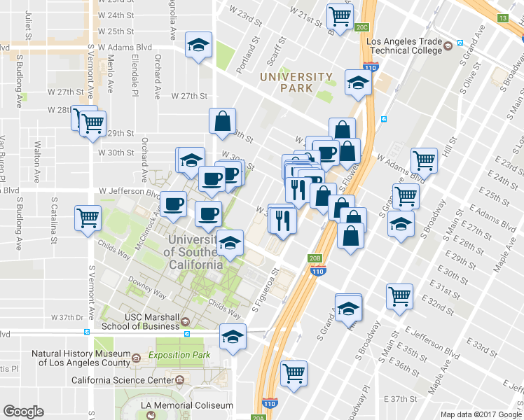 map of restaurants, bars, coffee shops, grocery stores, and more near 668 West 32nd Street in Los Angeles