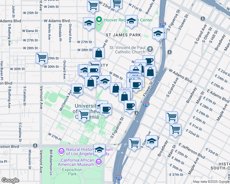 map of restaurants, bars, coffee shops, grocery stores, and more near 668 West 32nd Street in Los Angeles