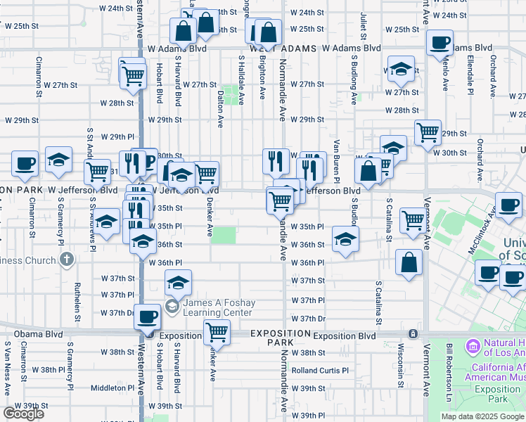 map of restaurants, bars, coffee shops, grocery stores, and more near 1460 West 35th Street in Los Angeles
