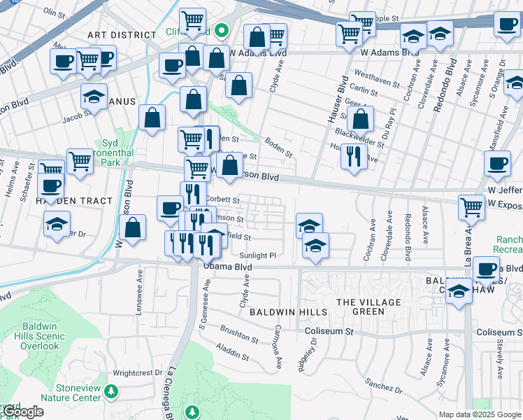map of restaurants, bars, coffee shops, grocery stores, and more near 5630 Corbett Street in Los Angeles