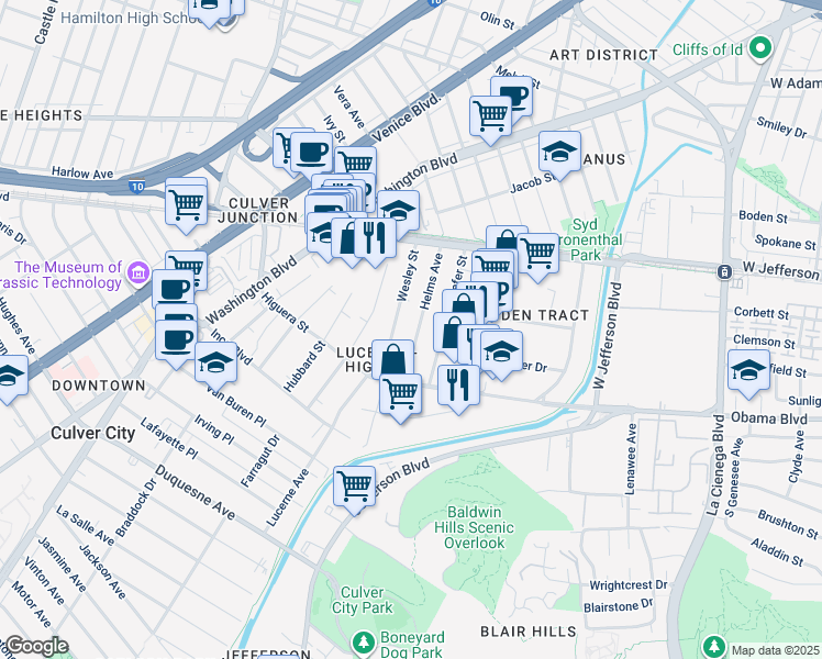 map of restaurants, bars, coffee shops, grocery stores, and more near 3603 Helms Avenue in Culver City