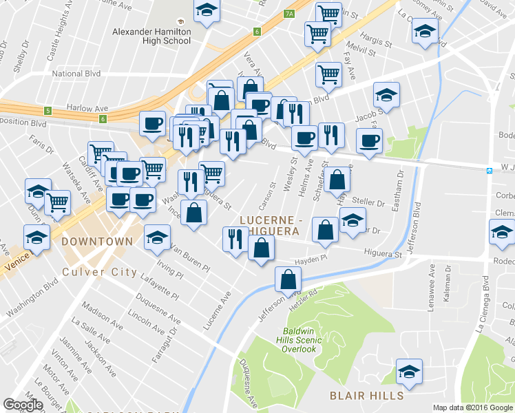 map of restaurants, bars, coffee shops, grocery stores, and more near 8932 Carson Street in Culver City