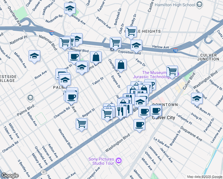 map of restaurants, bars, coffee shops, grocery stores, and more near 3664 Jasmine Avenue in Los Angeles