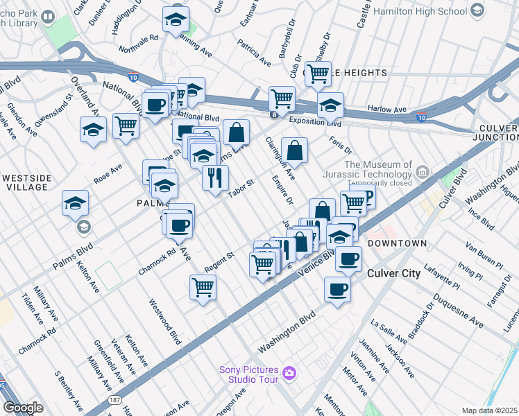 map of restaurants, bars, coffee shops, grocery stores, and more near 3645 Vinton Avenue in Los Angeles
