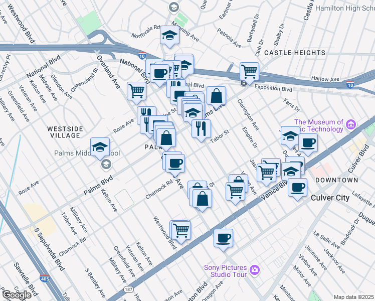 map of restaurants, bars, coffee shops, grocery stores, and more near 3568 Mentone Avenue in Los Angeles