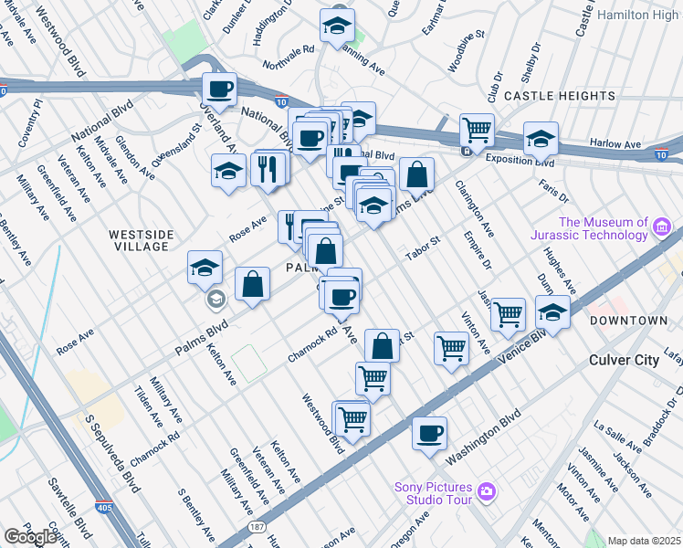 map of restaurants, bars, coffee shops, grocery stores, and more near 3540 Keystone Avenue in Los Angeles