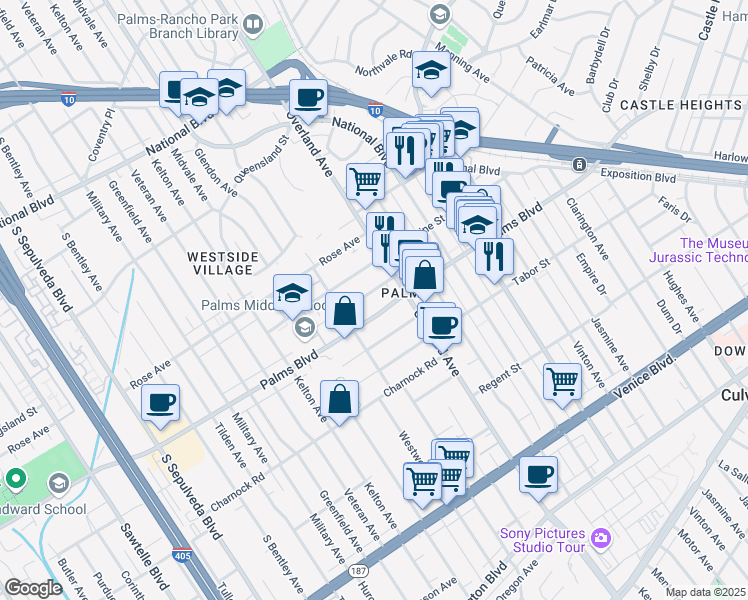 map of restaurants, bars, coffee shops, grocery stores, and more near 10740 Lawler Street in Los Angeles