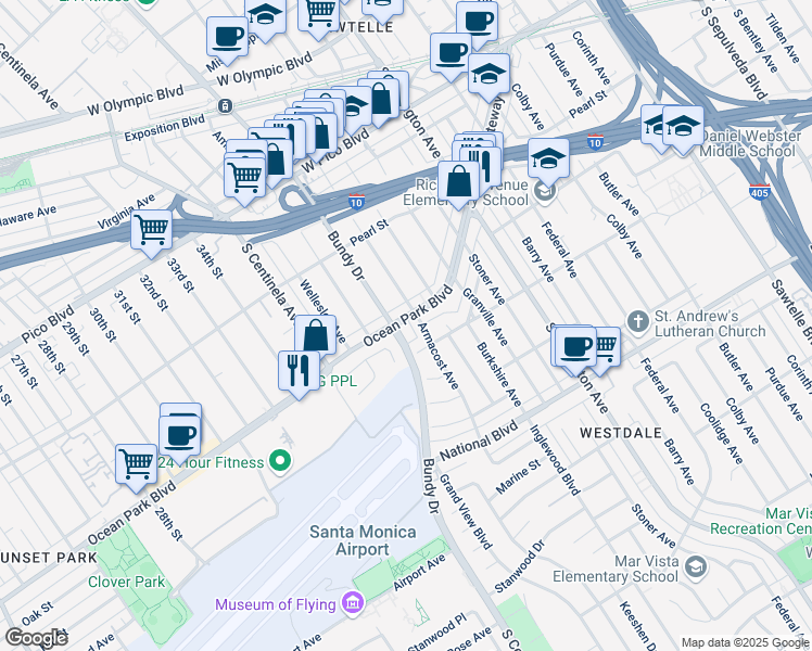 map of restaurants, bars, coffee shops, grocery stores, and more near in Los Angeles