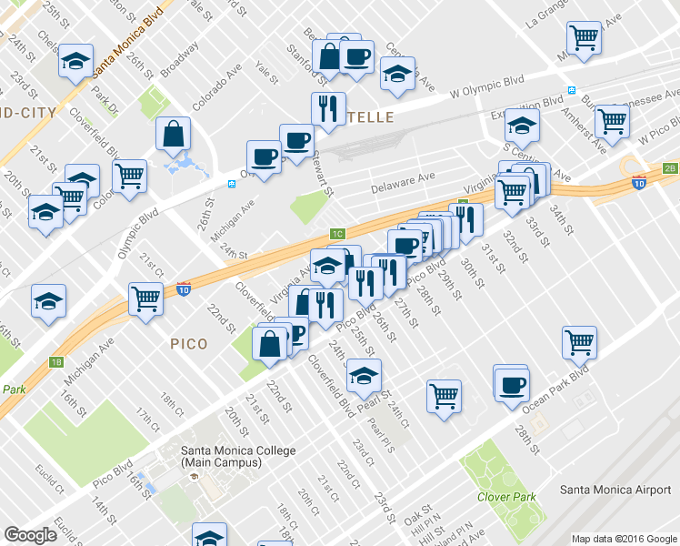 map of restaurants, bars, coffee shops, grocery stores, and more near 2519 Kansas Avenue in Santa Monica