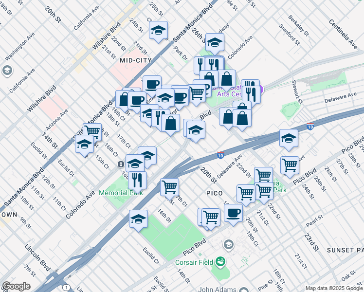 map of restaurants, bars, coffee shops, grocery stores, and more near in Santa Monica