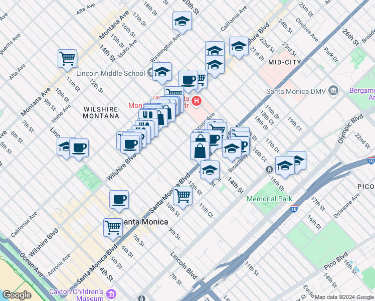 map of restaurants, bars, coffee shops, grocery stores, and more near 1314 Euclid Street in Santa Monica