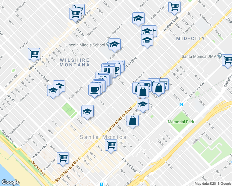 map of restaurants, bars, coffee shops, grocery stores, and more near 1243 12th Street in Santa Monica