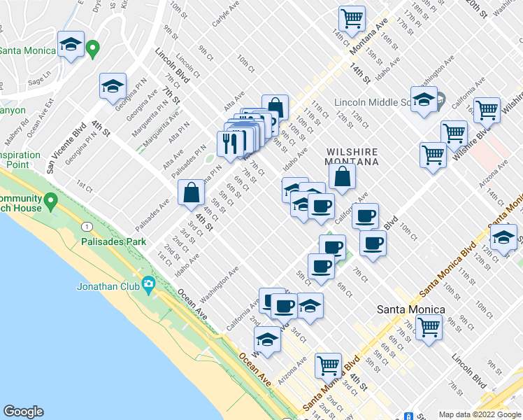 map of restaurants, bars, coffee shops, grocery stores, and more near 928 6th Court in Santa Monica