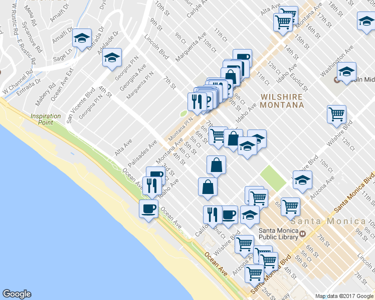 map of restaurants, bars, coffee shops, grocery stores, and more near 830 5th Street in Santa Monica