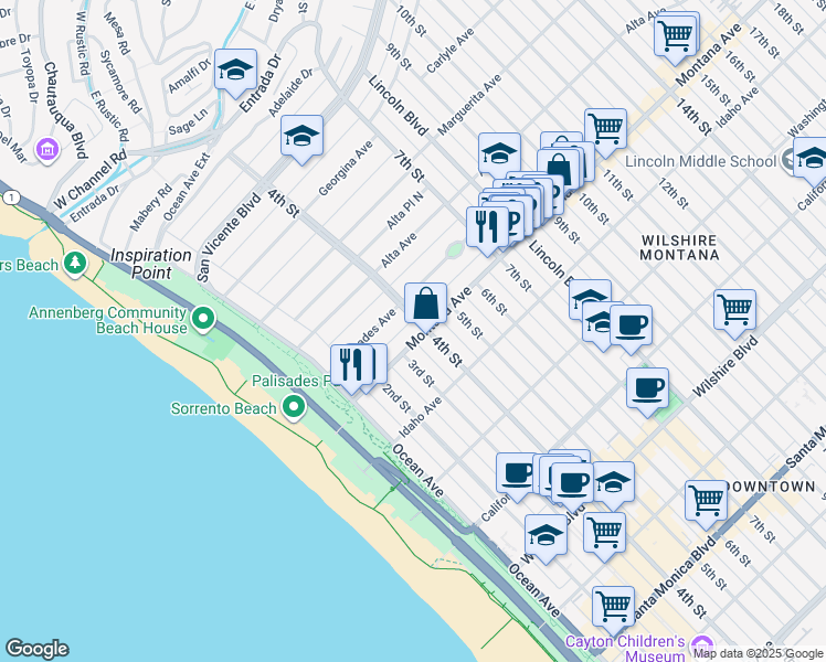 map of restaurants, bars, coffee shops, grocery stores, and more near in Santa Monica