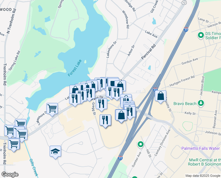 map of restaurants, bars, coffee shops, grocery stores, and more near 77 Percival Road in Columbia