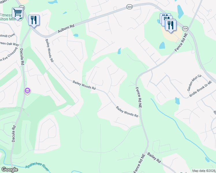 map of restaurants, bars, coffee shops, grocery stores, and more near 3270 Stratton Lane in Dacula