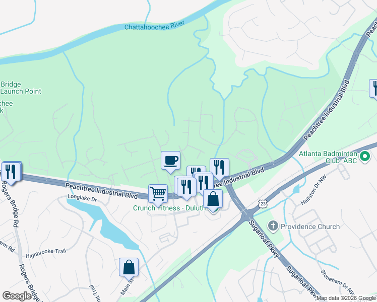 map of restaurants, bars, coffee shops, grocery stores, and more near 2162 Tallapoosa Drive in Duluth