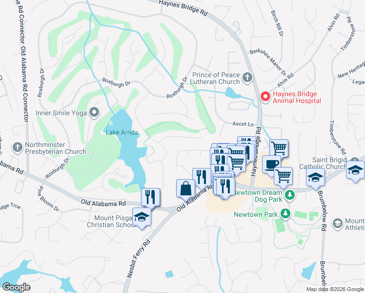 map of restaurants, bars, coffee shops, grocery stores, and more near 3045 Ivey Oaks Lane in Roswell