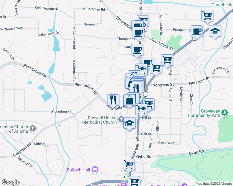 map of restaurants, bars, coffee shops, grocery stores, and more near 7748 Georgetown Chase in Roswell