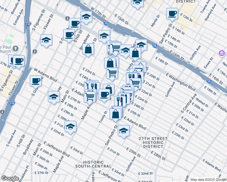 map of restaurants, bars, coffee shops, grocery stores, and more near 2321 Trinity Street in Los Angeles