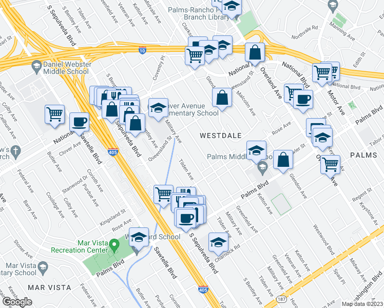 map of restaurants, bars, coffee shops, grocery stores, and more near 3262 Military Avenue in Los Angeles
