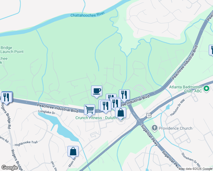 map of restaurants, bars, coffee shops, grocery stores, and more near 2162 Tallapoosa Dr in Duluth