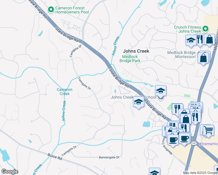map of restaurants, bars, coffee shops, grocery stores, and more near 150 Foalgarth Way in Alpharetta