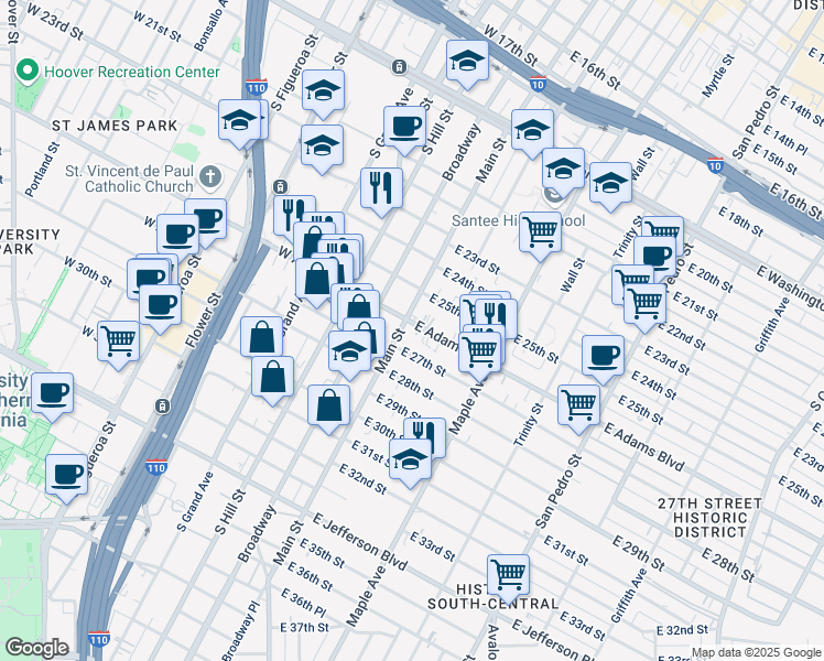 map of restaurants, bars, coffee shops, grocery stores, and more near 2617 South Main Street in Los Angeles