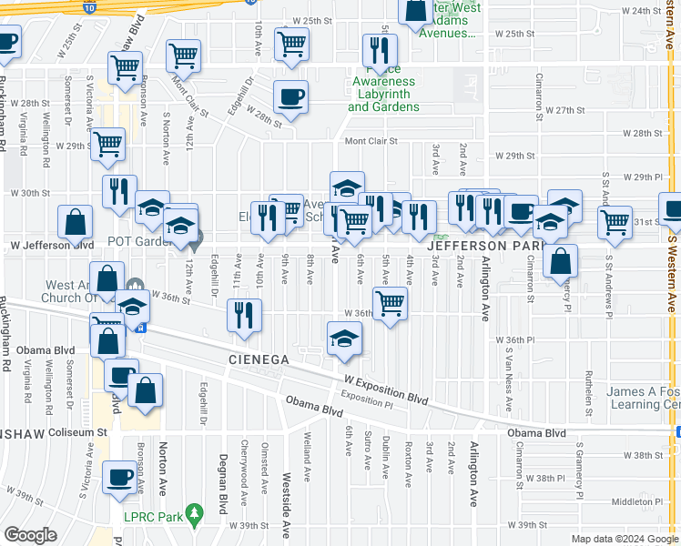map of restaurants, bars, coffee shops, grocery stores, and more near 3434 7th Avenue in Los Angeles