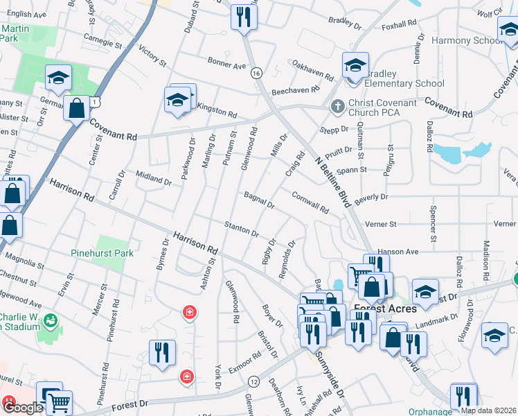map of restaurants, bars, coffee shops, grocery stores, and more near 2540 Craig Road in Columbia