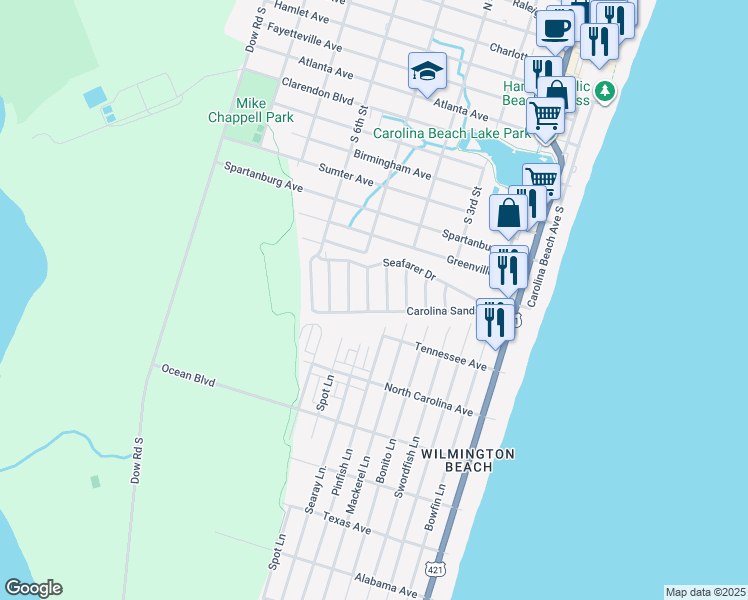 map of restaurants, bars, coffee shops, grocery stores, and more near 918 Salt Water Lane in Carolina Beach