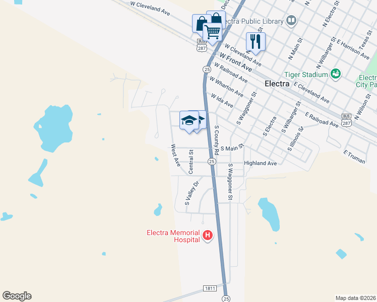 map of restaurants, bars, coffee shops, grocery stores, and more near 1002 South Main Street in Electra