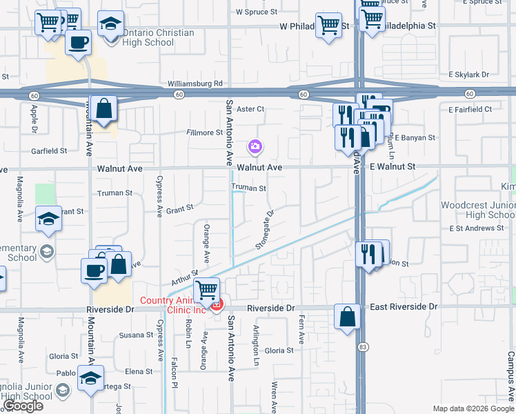 map of restaurants, bars, coffee shops, grocery stores, and more near 6759 Grant Court in Chino
