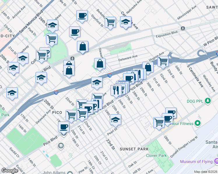 map of restaurants, bars, coffee shops, grocery stores, and more near 2525 Kansas Avenue in Santa Monica