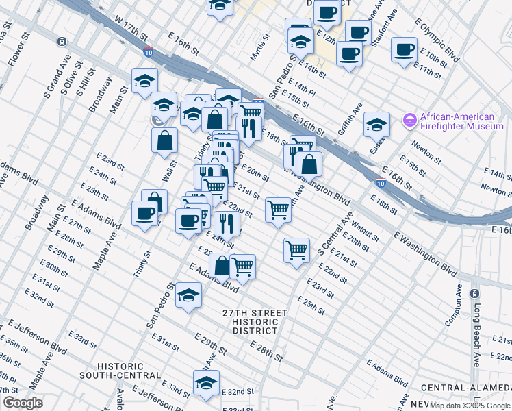 map of restaurants, bars, coffee shops, grocery stores, and more near 2112 Stanford Avenue in Los Angeles