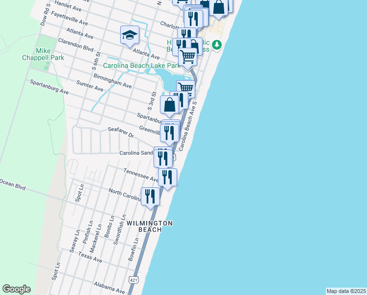 map of restaurants, bars, coffee shops, grocery stores, and more near 1007 Carolina Beach Avenue South in Carolina Beach