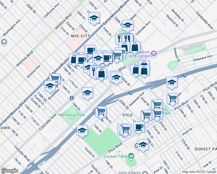 map of restaurants, bars, coffee shops, grocery stores, and more near 1709 20th Street in Santa Monica