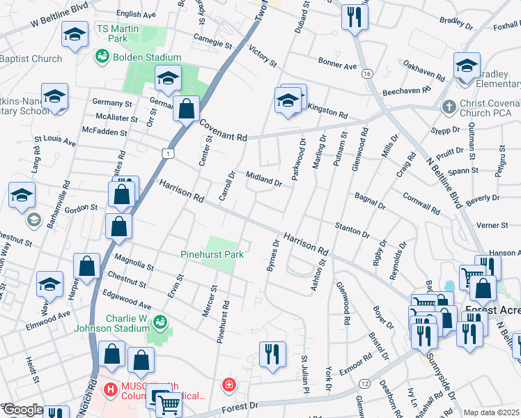 map of restaurants, bars, coffee shops, grocery stores, and more near 2505 Treeside Drive in Columbia