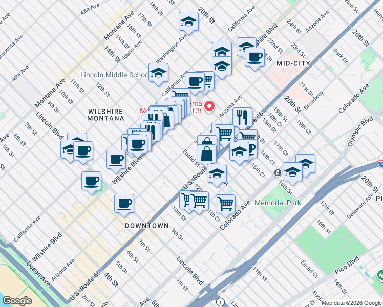 map of restaurants, bars, coffee shops, grocery stores, and more near 1311 Euclid Street in Santa Monica