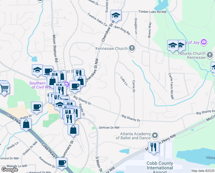 map of restaurants, bars, coffee shops, grocery stores, and more near 2076 Cherokee Ridge Trail Northwest in Kennesaw