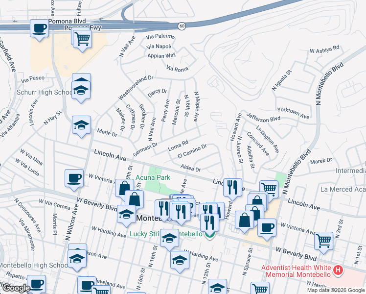 map of restaurants, bars, coffee shops, grocery stores, and more near 1500 El Camino Drive in Montebello