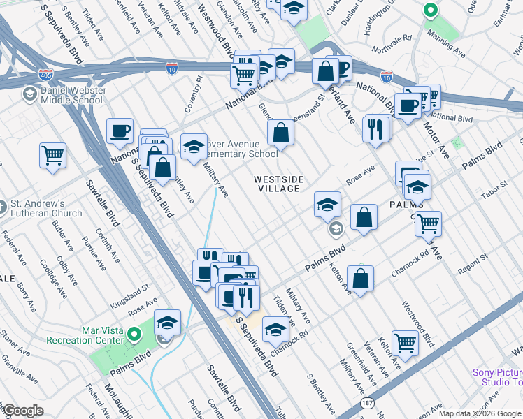 map of restaurants, bars, coffee shops, grocery stores, and more near 3284 Greenfield Avenue in Los Angeles
