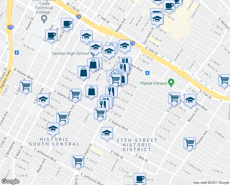 map of restaurants, bars, coffee shops, grocery stores, and more near 2225 San Pedro Street in Los Angeles