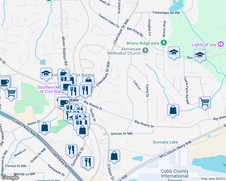 map of restaurants, bars, coffee shops, grocery stores, and more near 2067 Cherokee Ridge Trail NW in Kennesaw